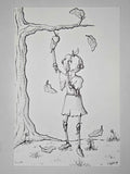 Whimsical illustration of an apple girl picking a ripe apple