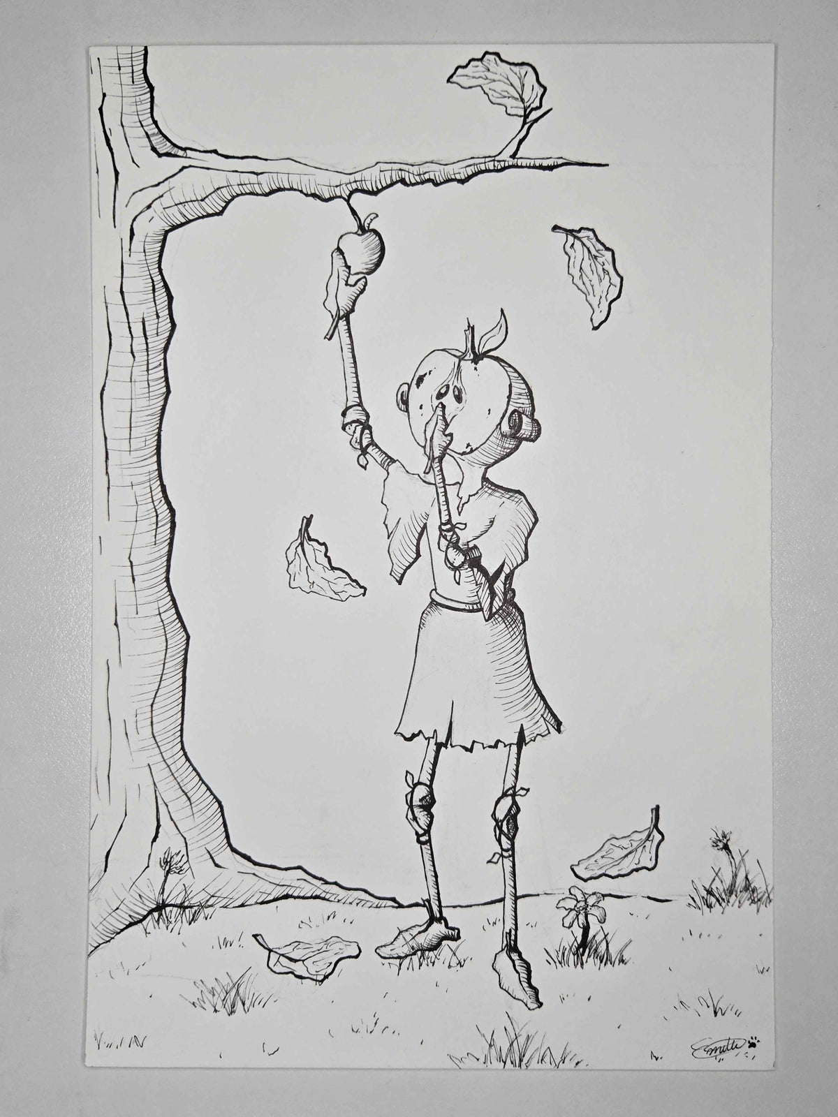 Whimsical illustration of an apple girl picking a ripe apple