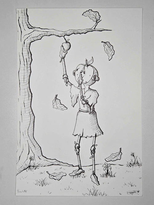 Whimsical illustration of an apple girl picking a ripe apple